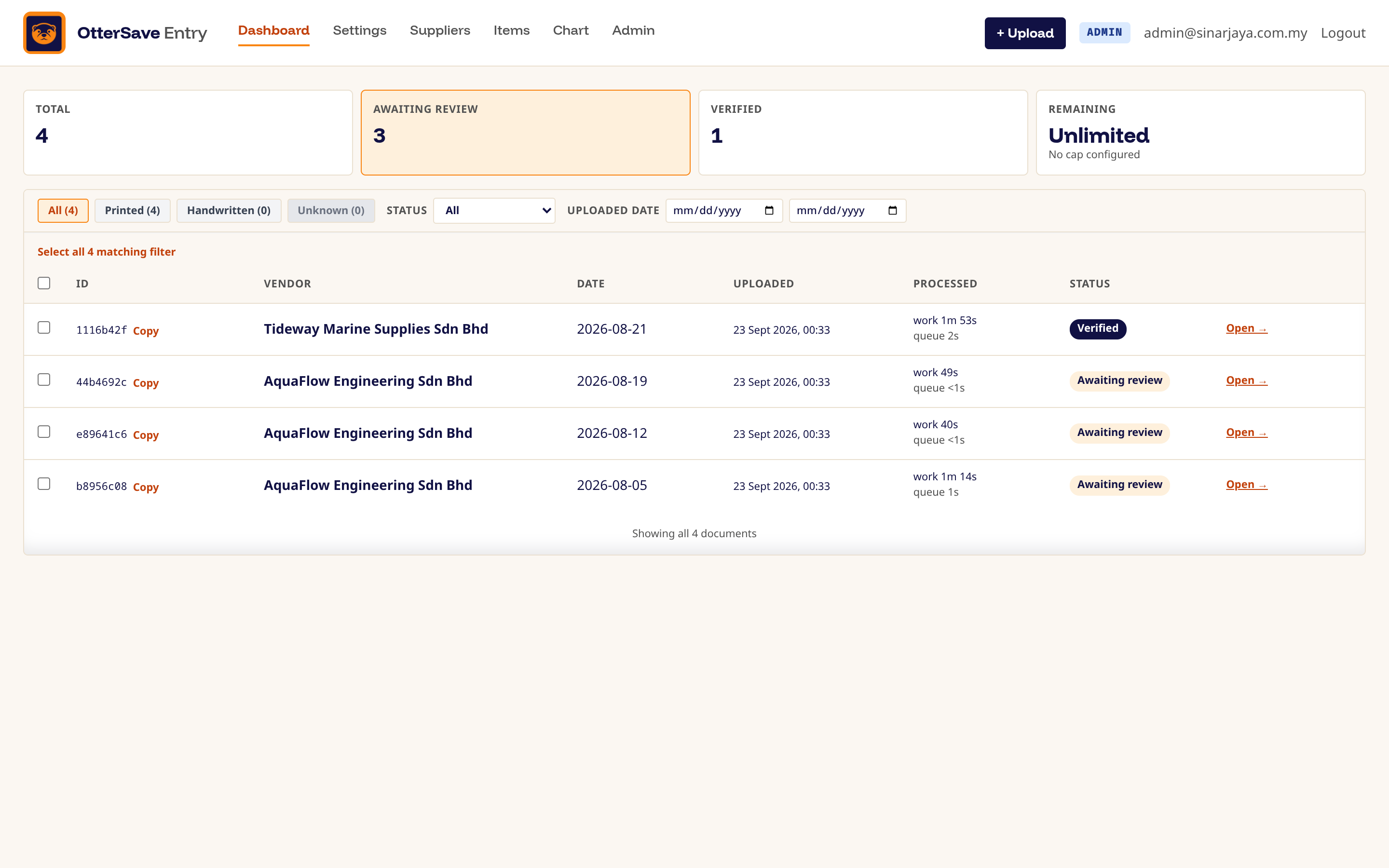 ottersave entry dashboard showing summary tiles, document list, and activity feed